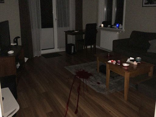 AI generated image of a crime scene, depicts an apartment interior with traces on the floor